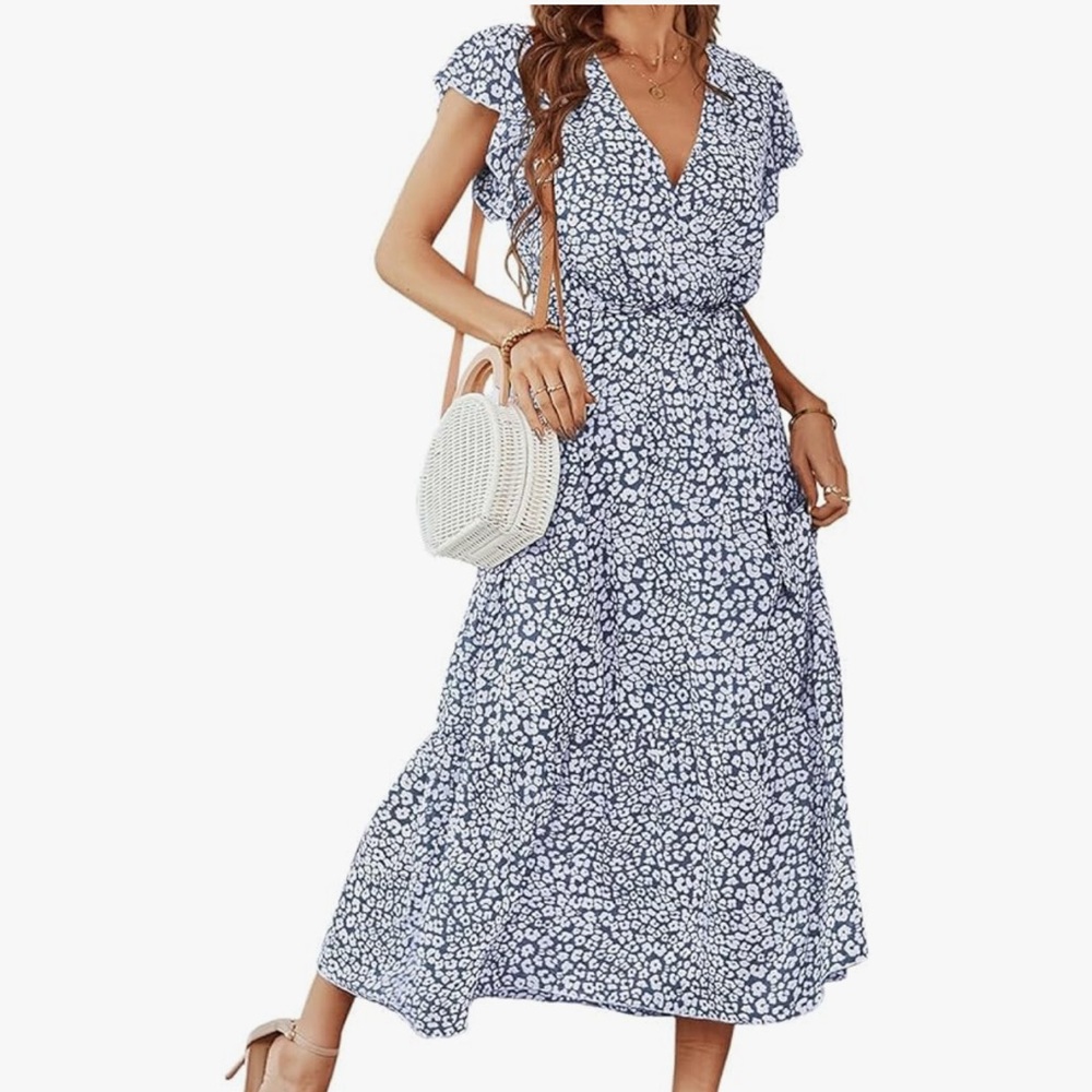 Floral V-Neck Midi Dress in Blue and White